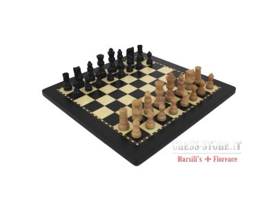 Wooden chess pieces and leather chessboard